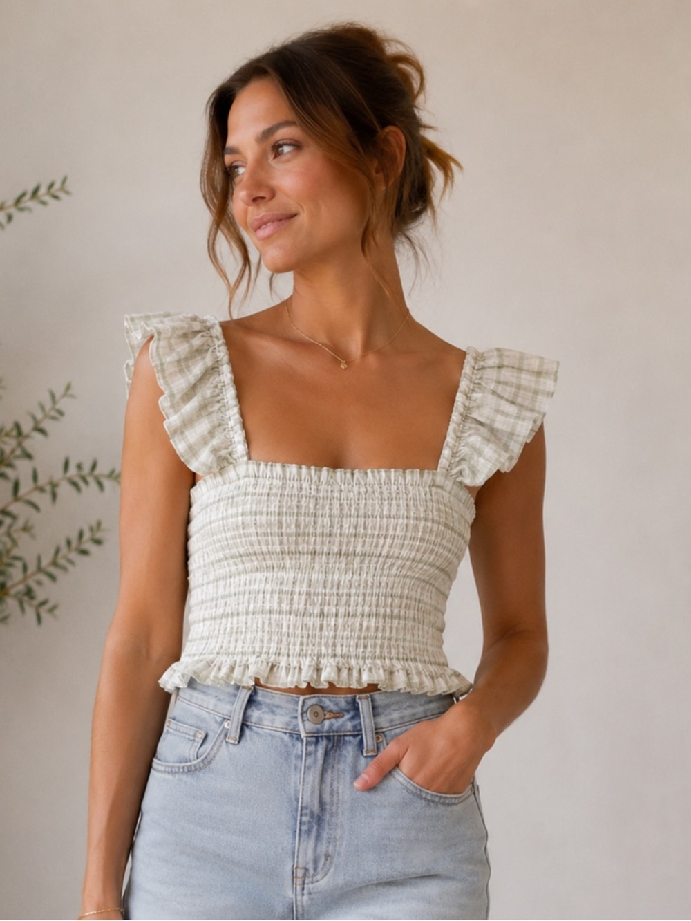 MINKPINK Cream and Light Green Smocked Ruffle Crop Top
